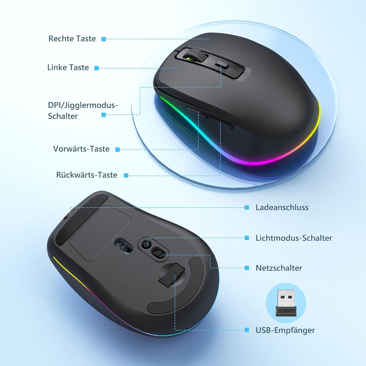 SEENDA RGB Wireless Mouse with Silent Jiggler | Rechargeable, 6-Key, Adjustable DPI, Plug & Play