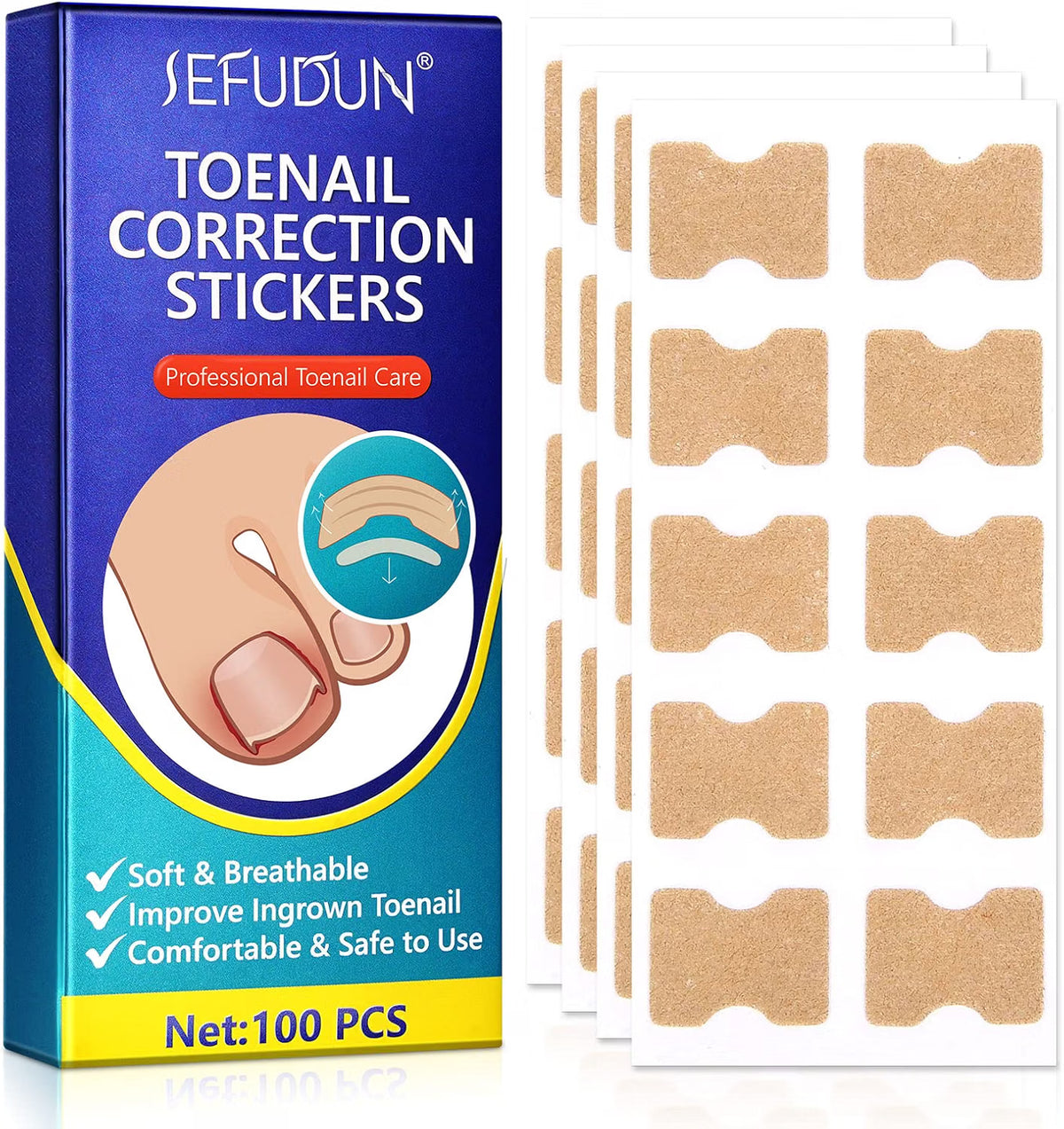 Sefudun Ingrown Toenail Correction Patches - 100PCS Elastic Corrector Stickers - No-Glue Toenail Care Strips