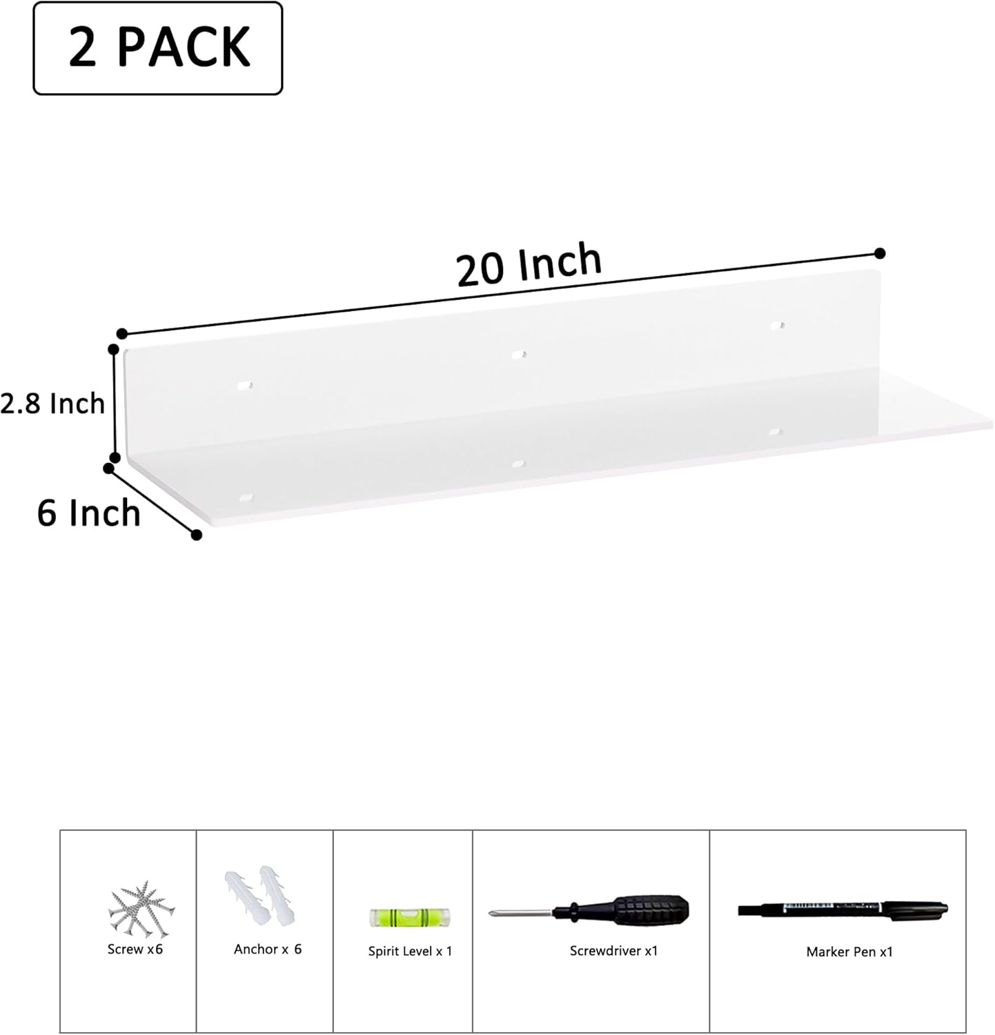 Sezanrpt 2-Pack 20-Inch Wall Shelves | Modern Plexiglass Display for Decor, Books & Collectibles | Complete Mounting Kit Included | Space-Saving Bargain!