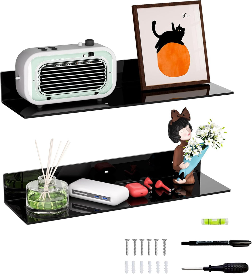 Sezanrpt 2-Pack 20-Inch Wall Shelves | Modern Plexiglass Display for Decor, Books & Collectibles | Complete Mounting Kit Included | Space-Saving Bargain!
