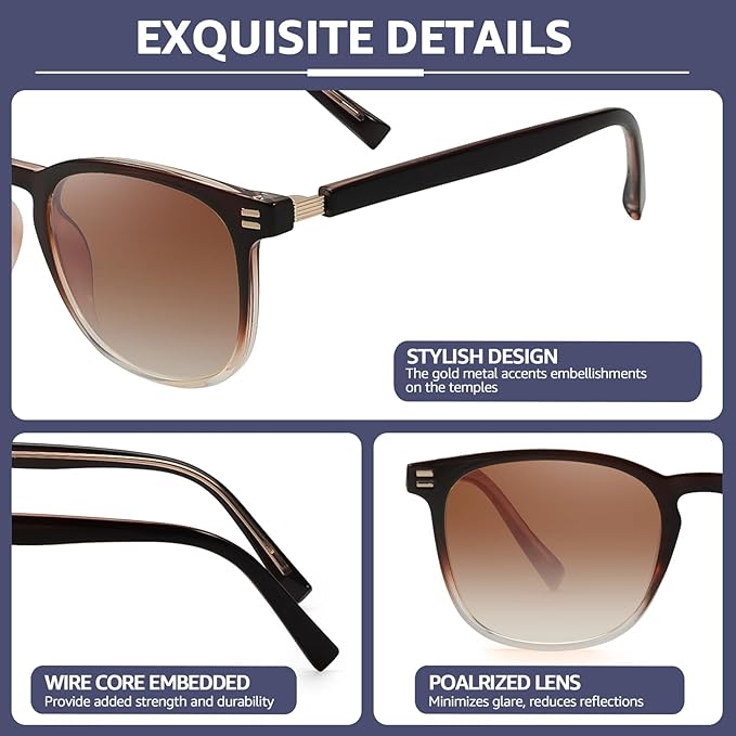 SIPHEW Women’s Polarised UV400 Sunglasses - Lightweight Square Frame with Gold Accents, Gradient Brown Lens
