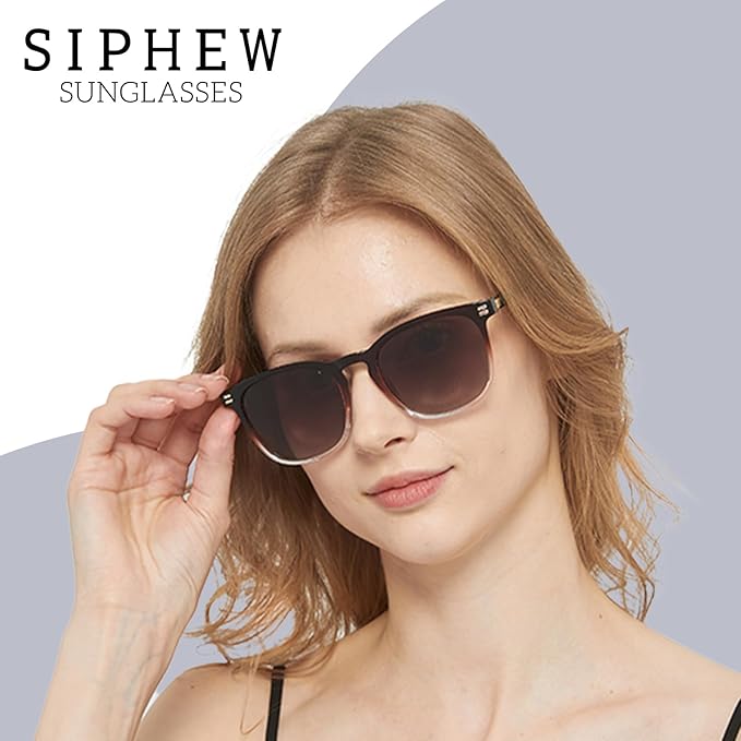 SIPHEW Women’s Polarised UV400 Sunglasses - Lightweight Square Frame with Gold Accents, Gradient Brown Lens