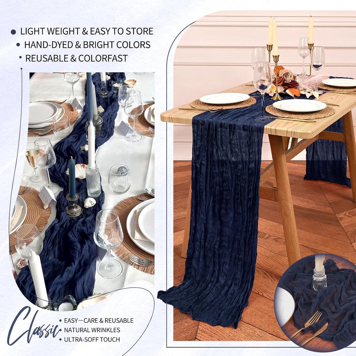 Six navy blue cheesecloth table runners by Showgeous, 21x120 inches, ideal for wedding, party, and home decor arrangements.