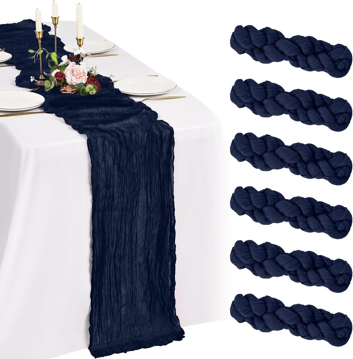 Six navy blue cheesecloth table runners by Showgeous, 21x120 inches, perfect for wedding, party, or home decor.