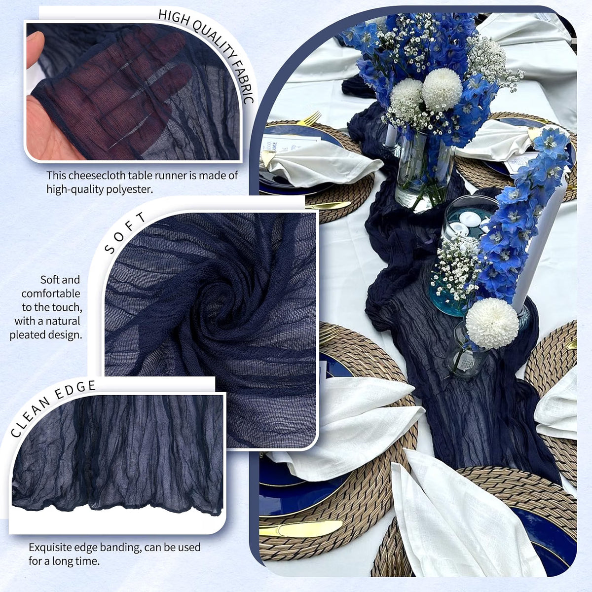 Six navy blue cheesecloth table runners by Showgeous, 21x120 inches, perfect for weddings, parties, and home decor.