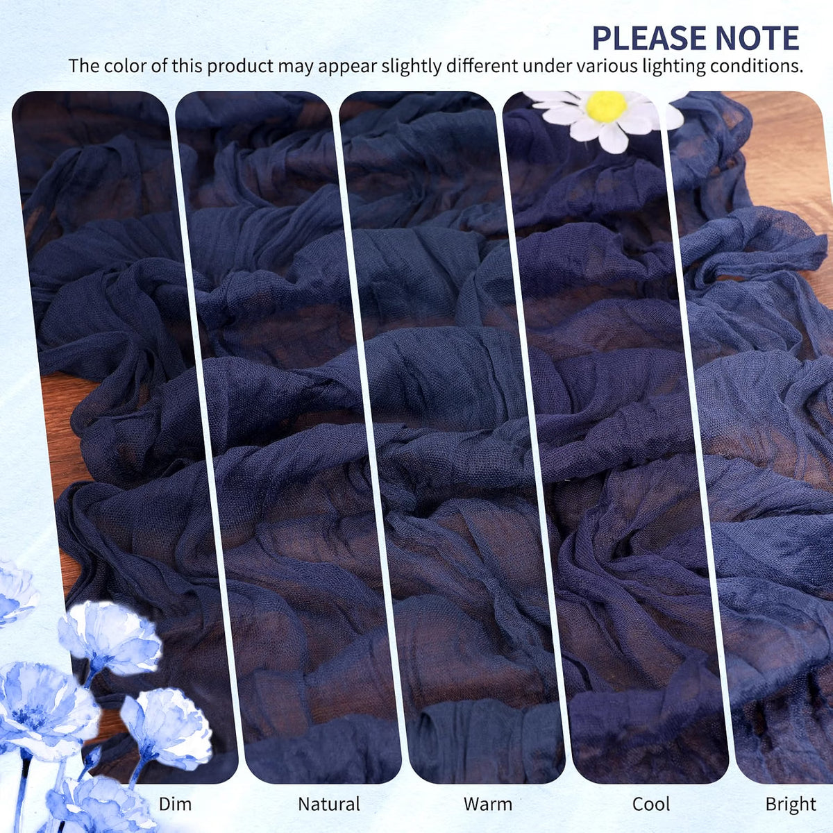 Six navy blue cheesecloth table runners, 21x120 inches, showing boho gauze design for wedding, party, or home decor.