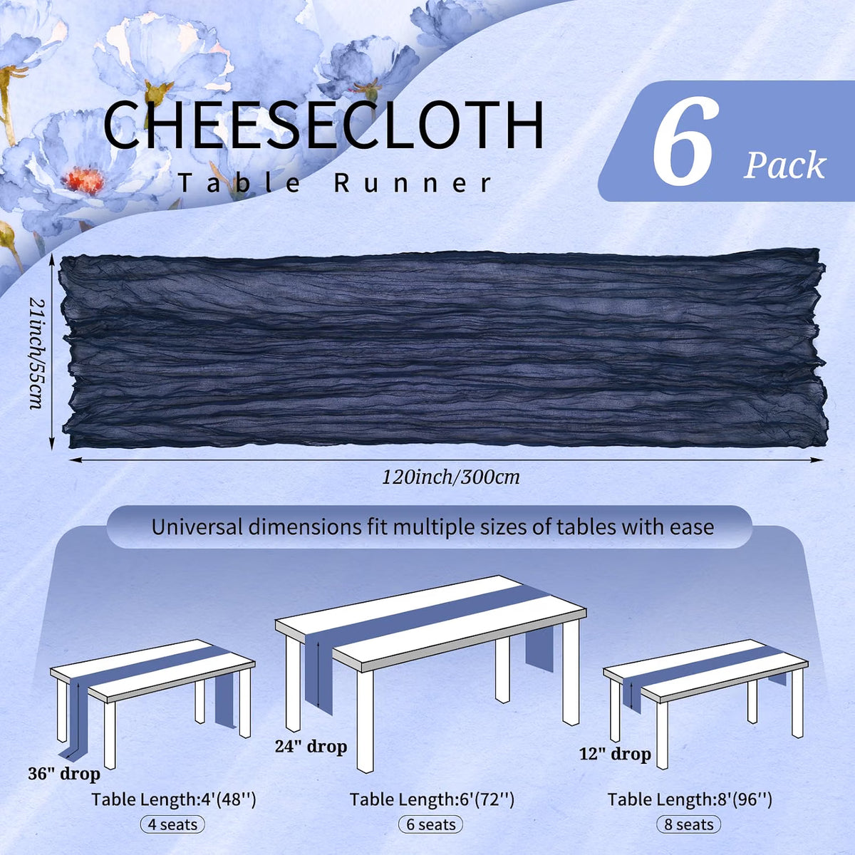 Six navy blue cheesecloth table runners by Showgeous, 21x120 inches, perfect for wedding, party, or home decor.
