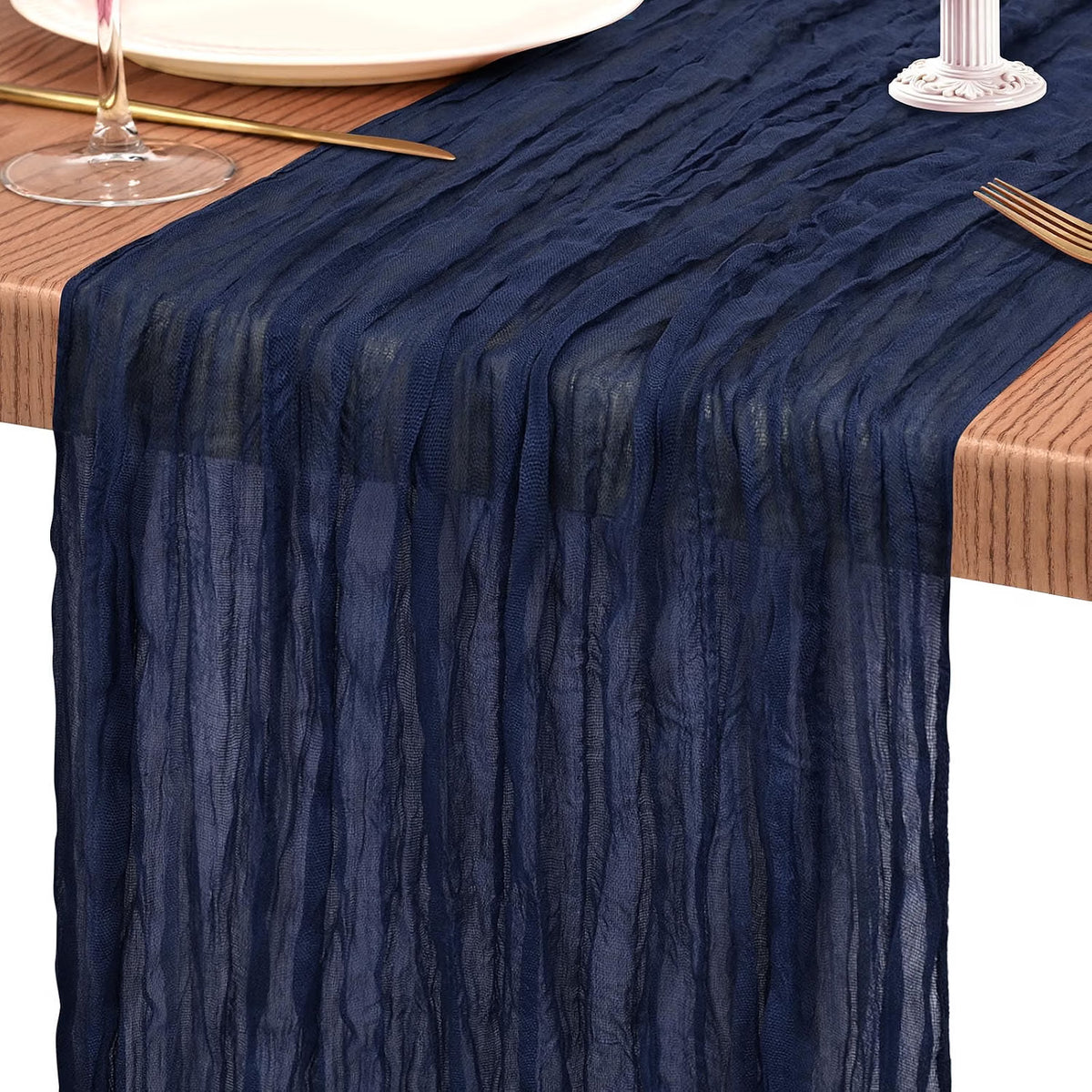 Six navy blue cheesecloth table runners by Showgeous, 21x120 inches, ideal for wedding, party, and home decor.