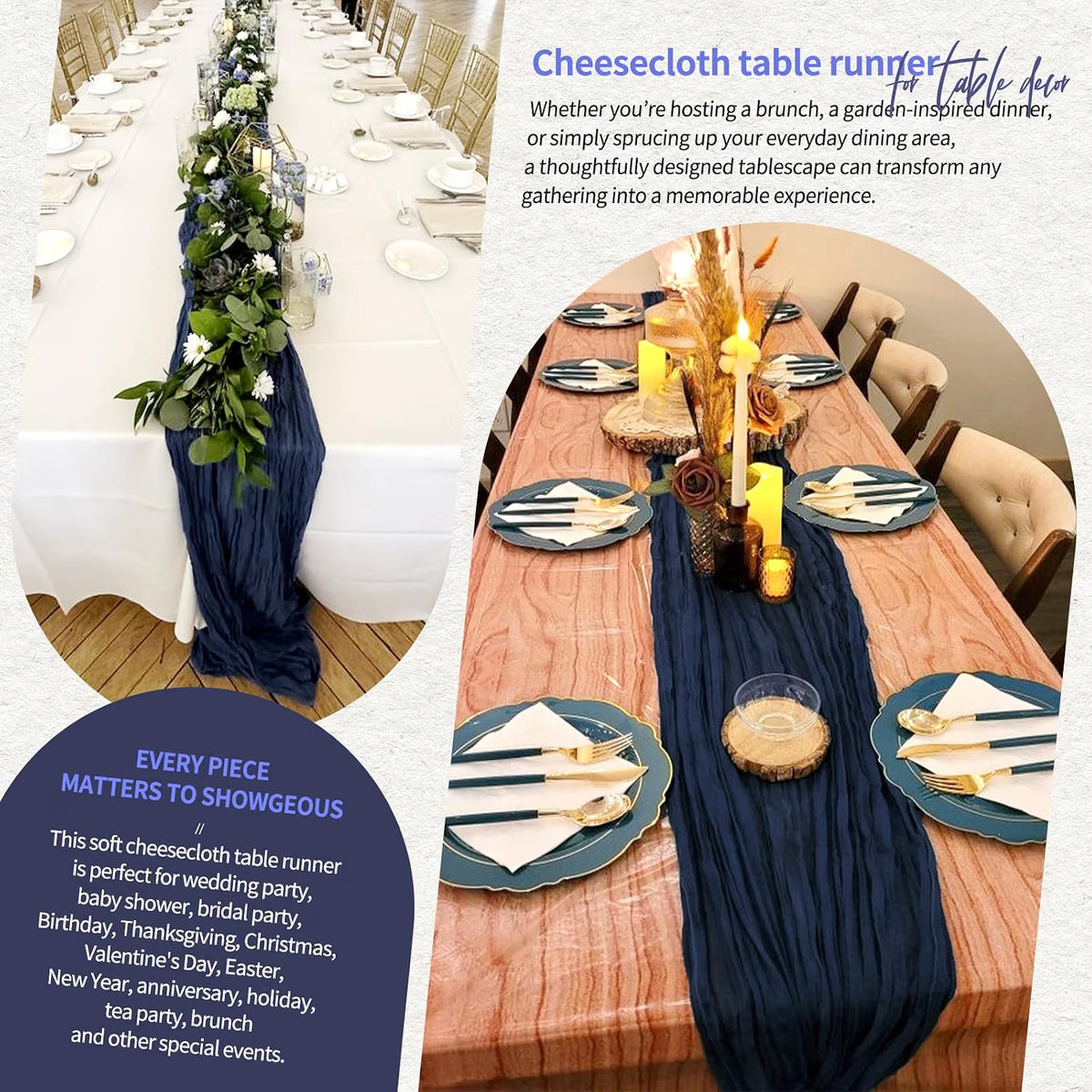 Six navy blue cheesecloth table runners, 21x120 inches, shown in a set for wedding, party, or home decor by Showgeous.