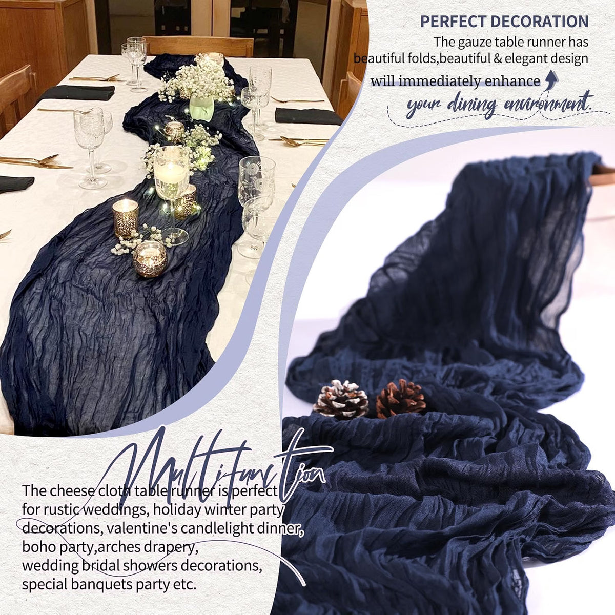 Six navy blue cheesecloth table runners by Showgeous, 21x120 inches, ideal for wedding, party, and home decor.