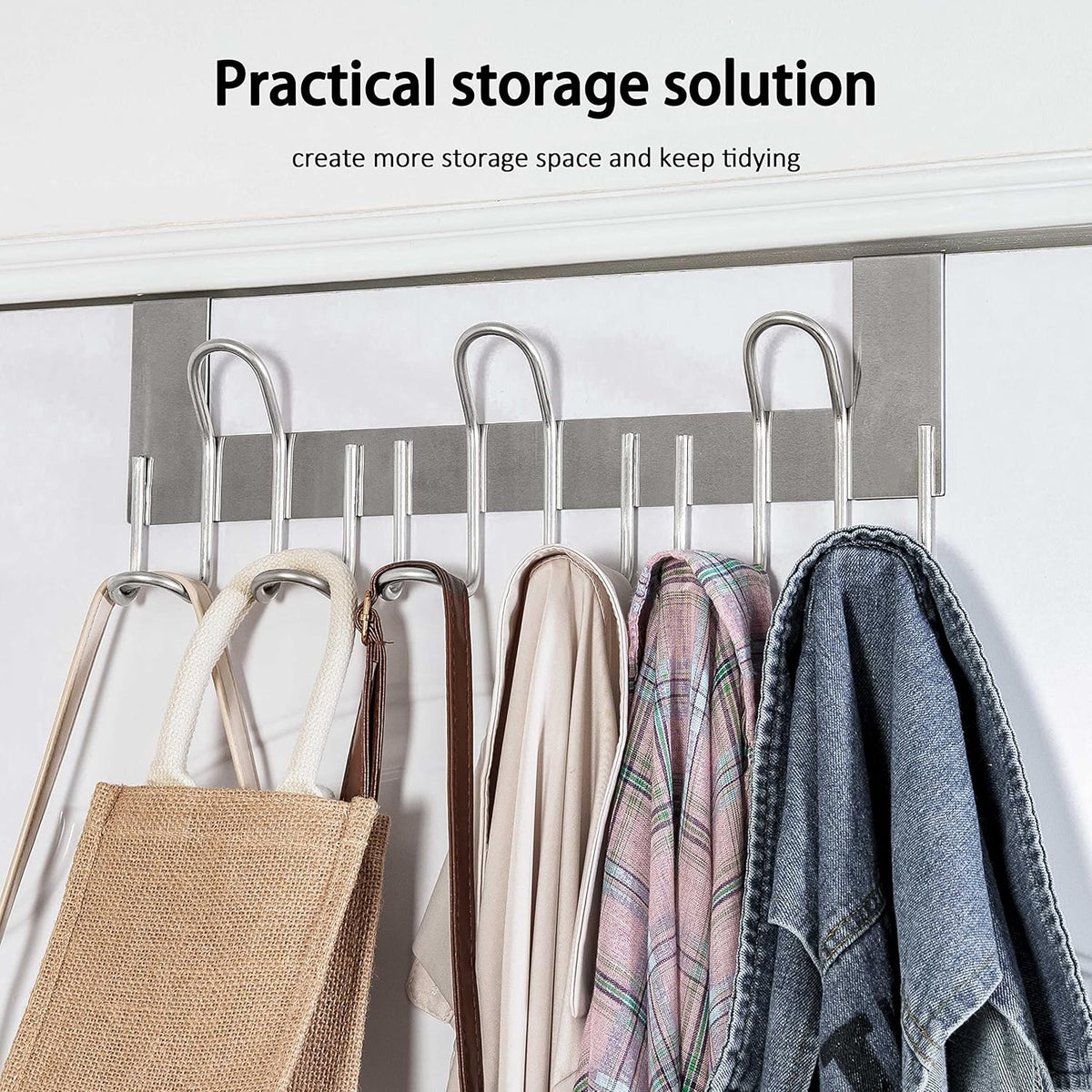 Skoloo Over The Door Hooks - 9 Hook Stainless Steel Door Hanger for Doors Up to 1-34  4.5cm - For Coats, Towels, Hats, Bags