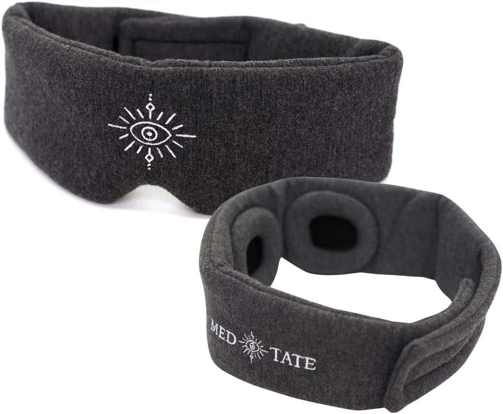 Black MEDEYETATE Total Blackout Sleep Mask with ultra-soft cotton, adjustable strap, designed for deep sleep, relaxation, and travel.