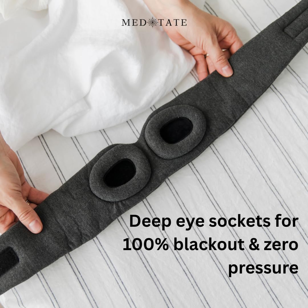 Black MEDEYETATE Total Blackout Sleep Mask with adjustable straps, ultra-soft cotton, breathable design, ideal for sleep and relaxation.
