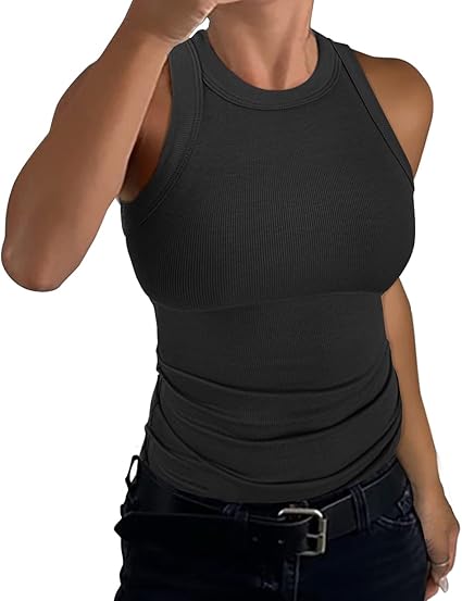 Smile Fish women's summer sleeveless racerback high neck tank top in cotton ribbed fabric, fitted and basic for casual wear.