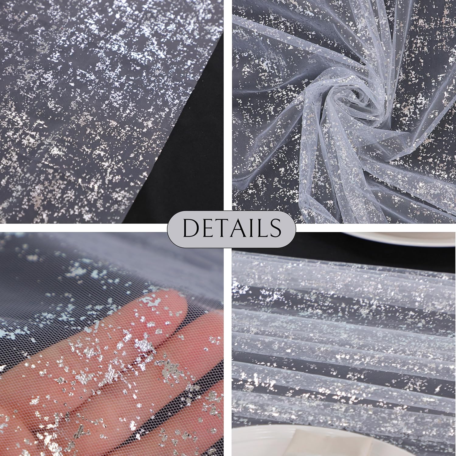 Snowkingdom 10ft glitter silver cheesecloth table runner with sequin foil, sheer gauze design for wedding, birthday, and holiday decor