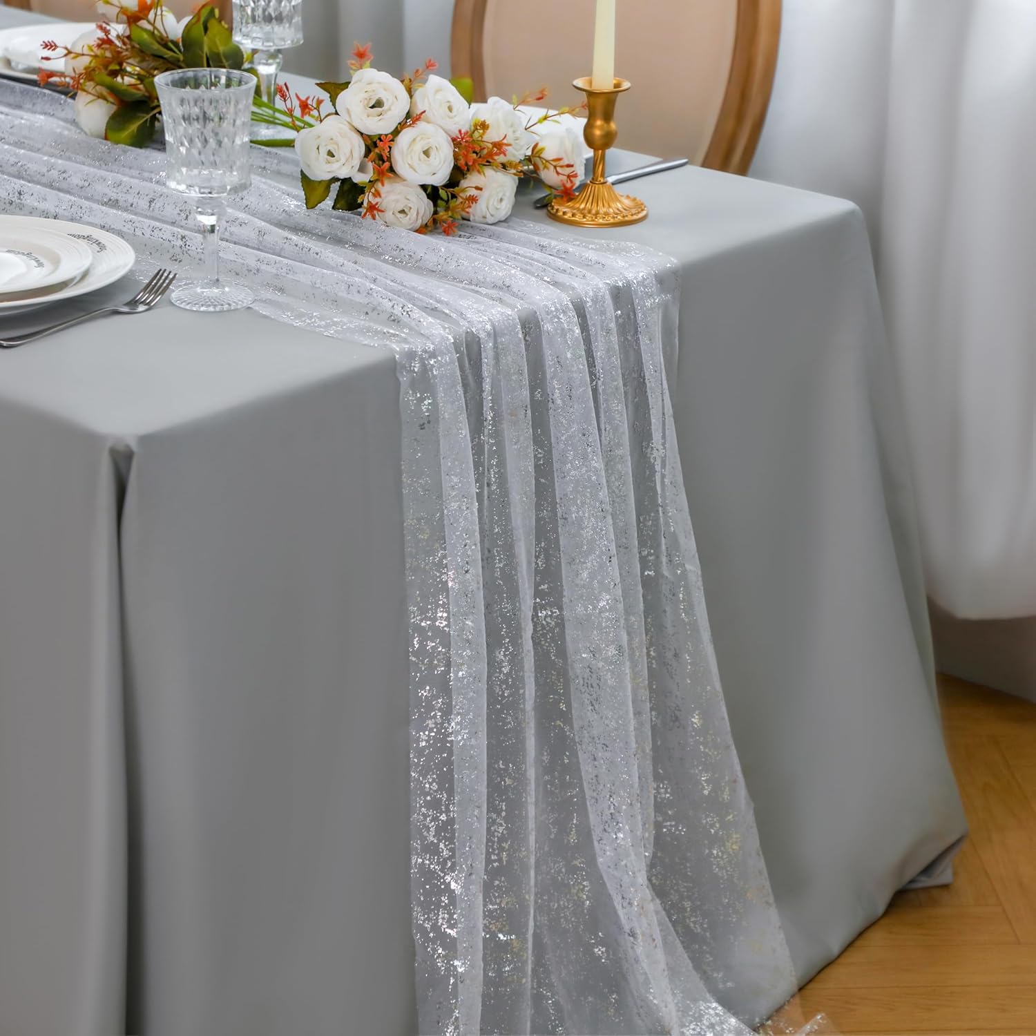 Snowkingdom 10FT silver glitter cheesecloth table runner with sequins, sheer gauze for wedding, birthday, baby shower, and Christmas decor.