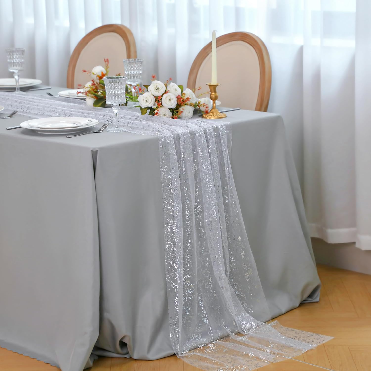 Snowkingdom 10FT glitter silver cheesecloth table runner with sequins and sheer gauze, ideal for wedding, birthday, or holiday decor.