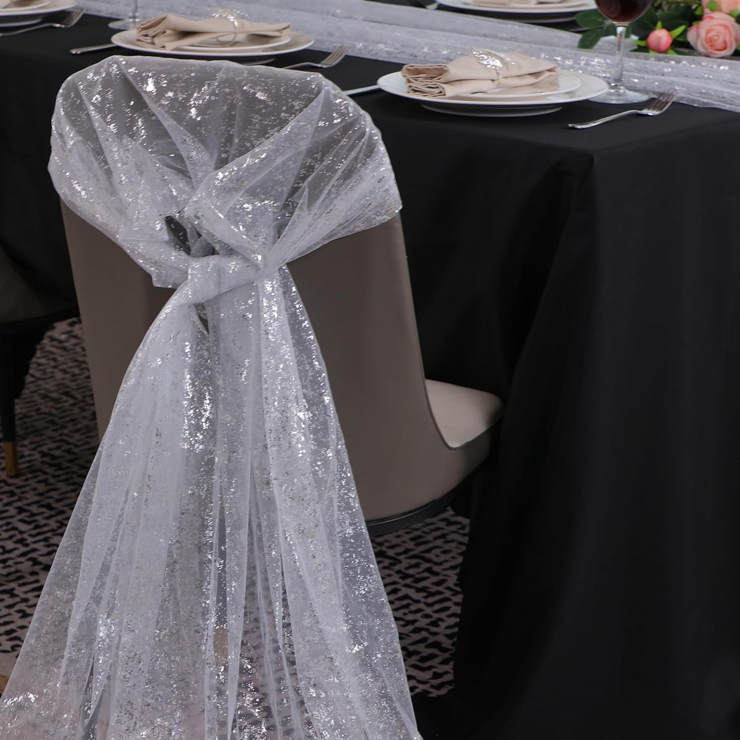 Snowkingdom 10FT silver glitter cheesecloth table runner with sequins and sheer gauze, ideal for wedding, birthday, and holiday decor.