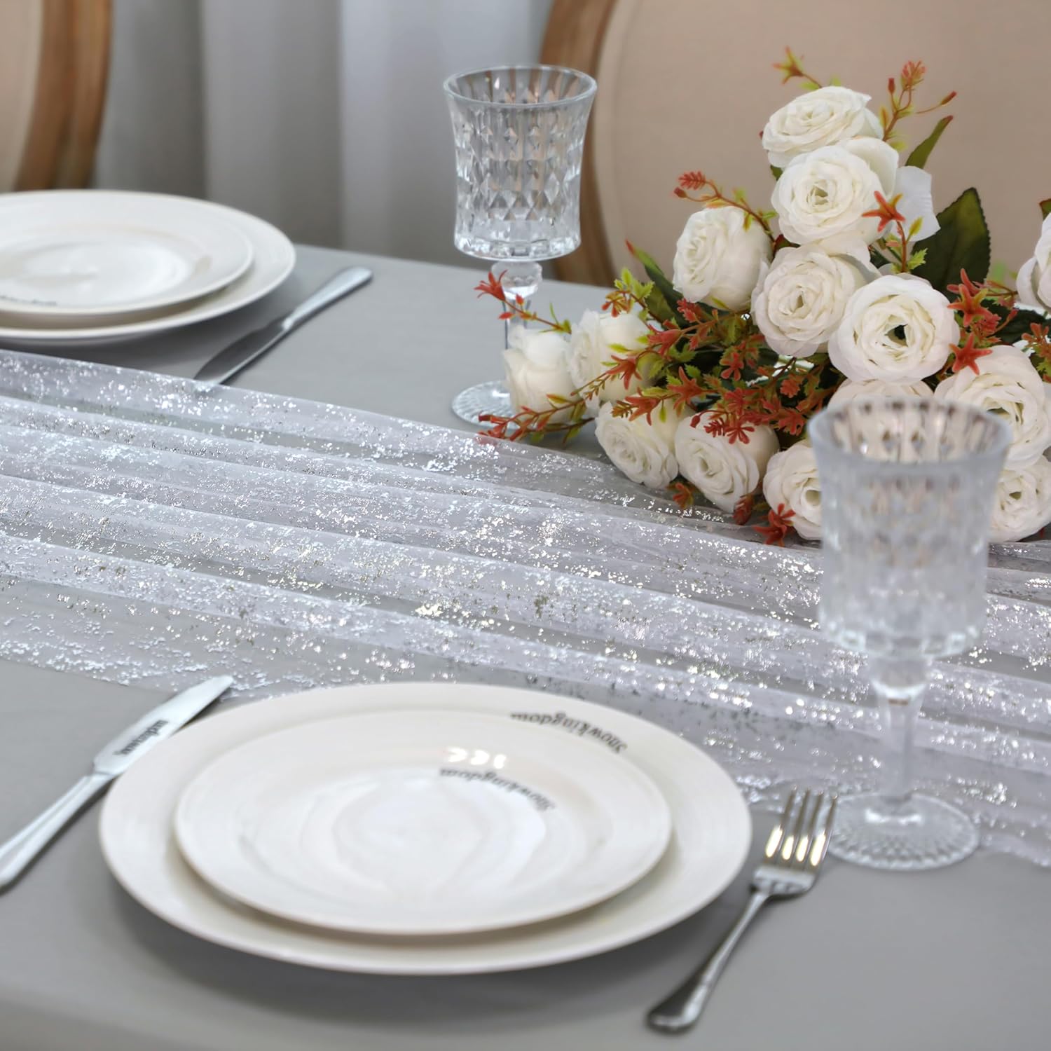 Snowkingdom 10FT silver glitter cheesecloth table runner with sequin foil, sheer gauze fabric for wedding, birthday, and holiday decor