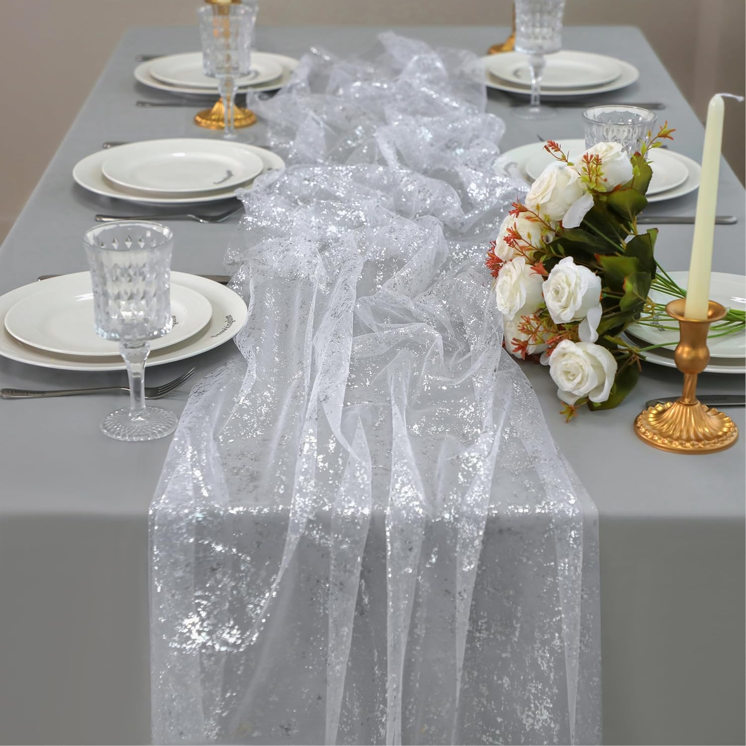Snowkingdom 10FT silver glitter cheesecloth table runner with sequin foil, sheer gauze for wedding, birthday, baby shower, and Christmas decor.