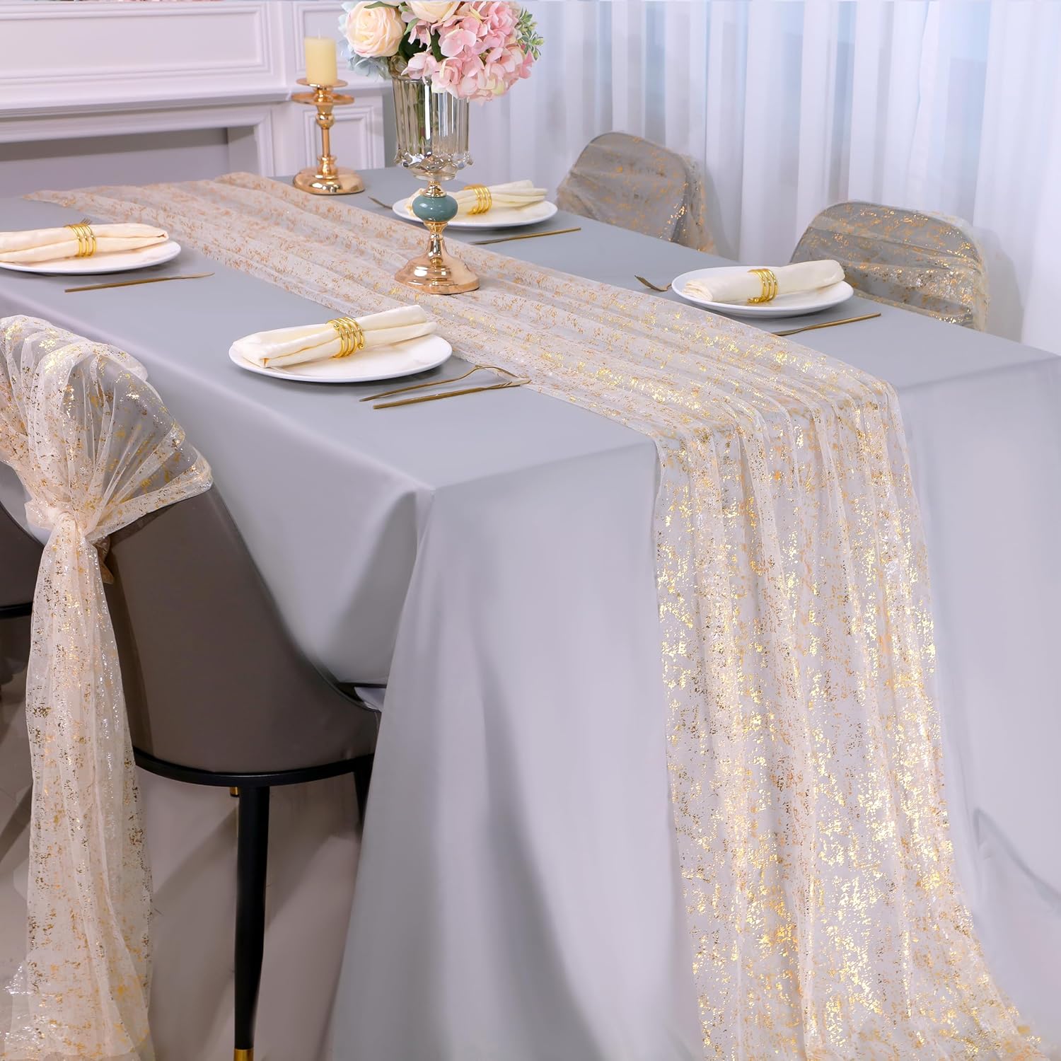 Snowkingdom 3Pcs 10Ft Gold Table Runners - Sheer Chiffon Tulle Cheesecloth with Gold Sequin Glitter Foil - Wedding Party Decorations