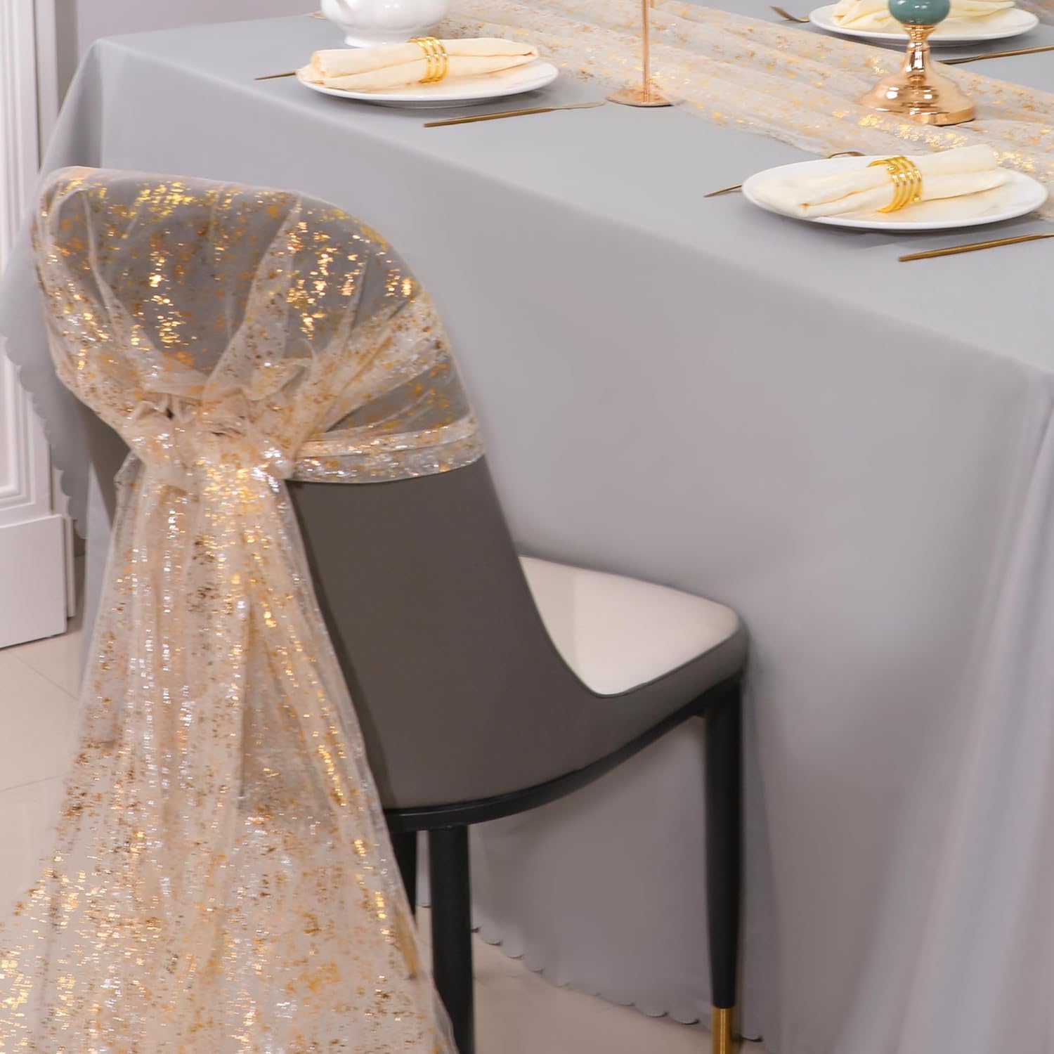 Snowkingdom 3Pcs 10Ft Gold Table Runners - Sheer Chiffon Tulle Cheesecloth with Gold Sequin Glitter Foil - Wedding Party Decorations