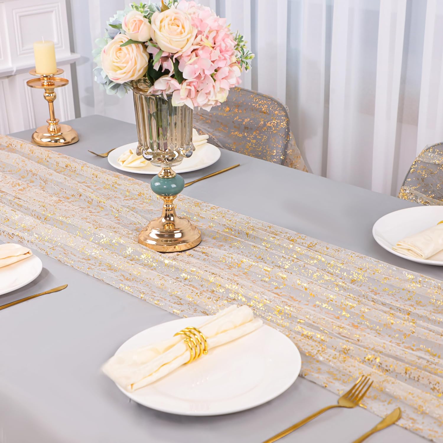 Snowkingdom 3Pcs 10Ft Gold Table Runners - Sheer Chiffon Tulle Cheesecloth with Gold Sequin Glitter Foil - Wedding Party Decorations