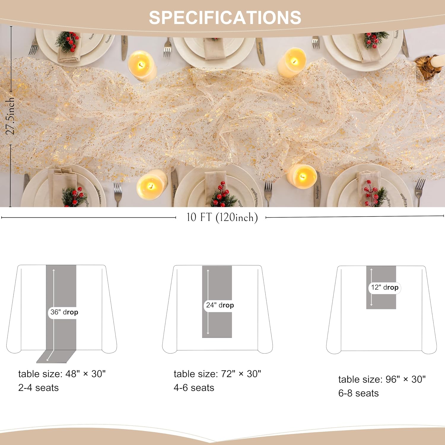 Snowkingdom 3Pcs 10Ft Gold Table Runners - Sheer Chiffon Tulle Cheesecloth with Gold Sequin Glitter Foil - Wedding Party Decorations