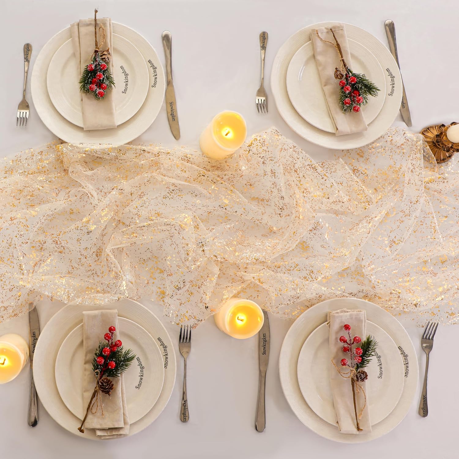 Snowkingdom 3Pcs 10Ft Gold Table Runners - Sheer Chiffon Tulle Cheesecloth with Gold Sequin Glitter Foil - Wedding Party Decorations