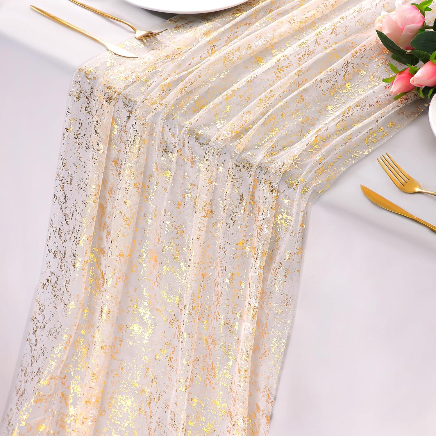 Snowkingdom 3Pcs 10Ft Gold Table Runners - Sheer Chiffon Tulle Cheesecloth with Gold Sequin Glitter Foil - Wedding Party Decorations