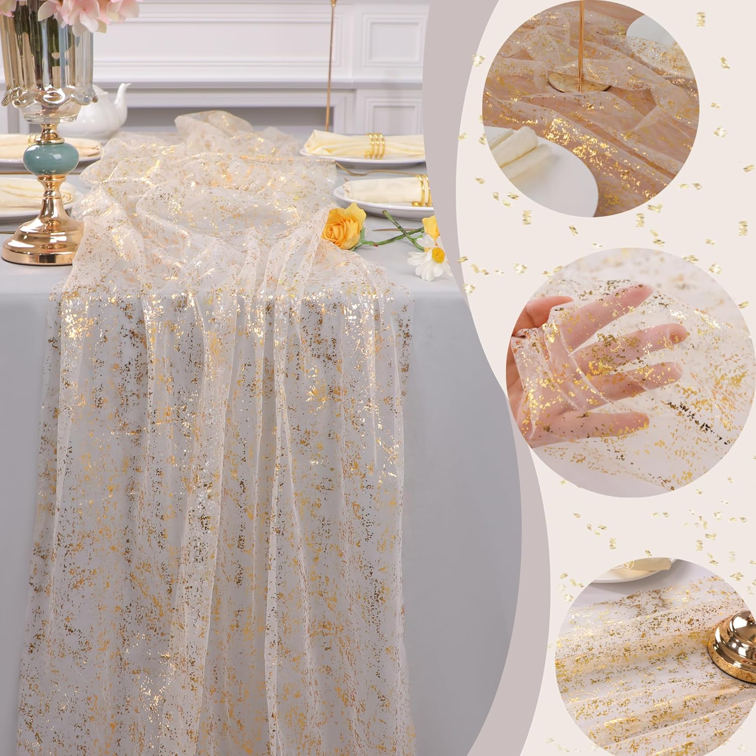 Snowkingdom 3Pcs 10Ft Gold Table Runners - Sheer Chiffon Tulle Cheesecloth with Gold Sequin Glitter Foil - Wedding Party Decorations