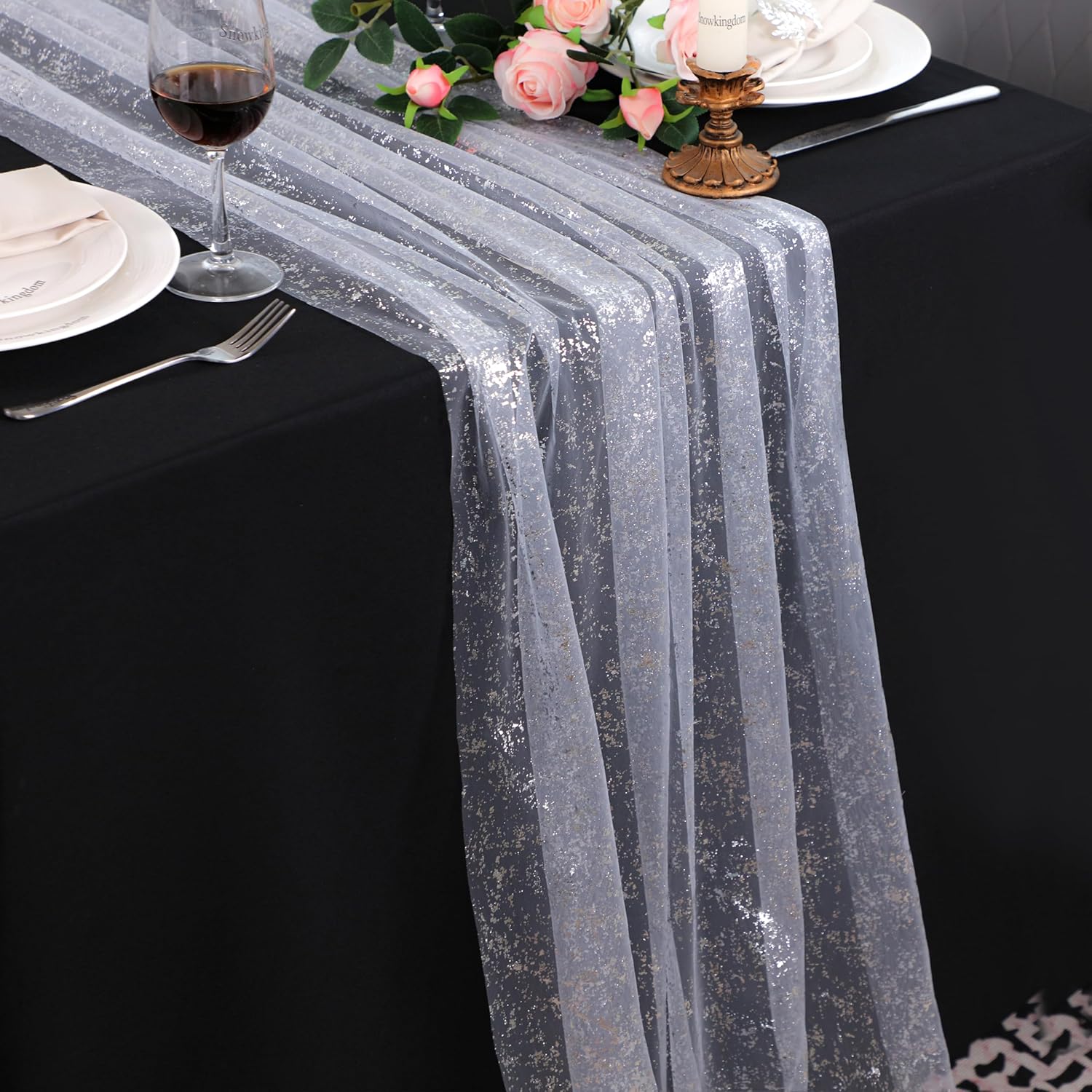 Snowkingdom 10FT silver cheesecloth table runner with glitter sequins and sheer foil for wedding, birthday, and holiday decor.