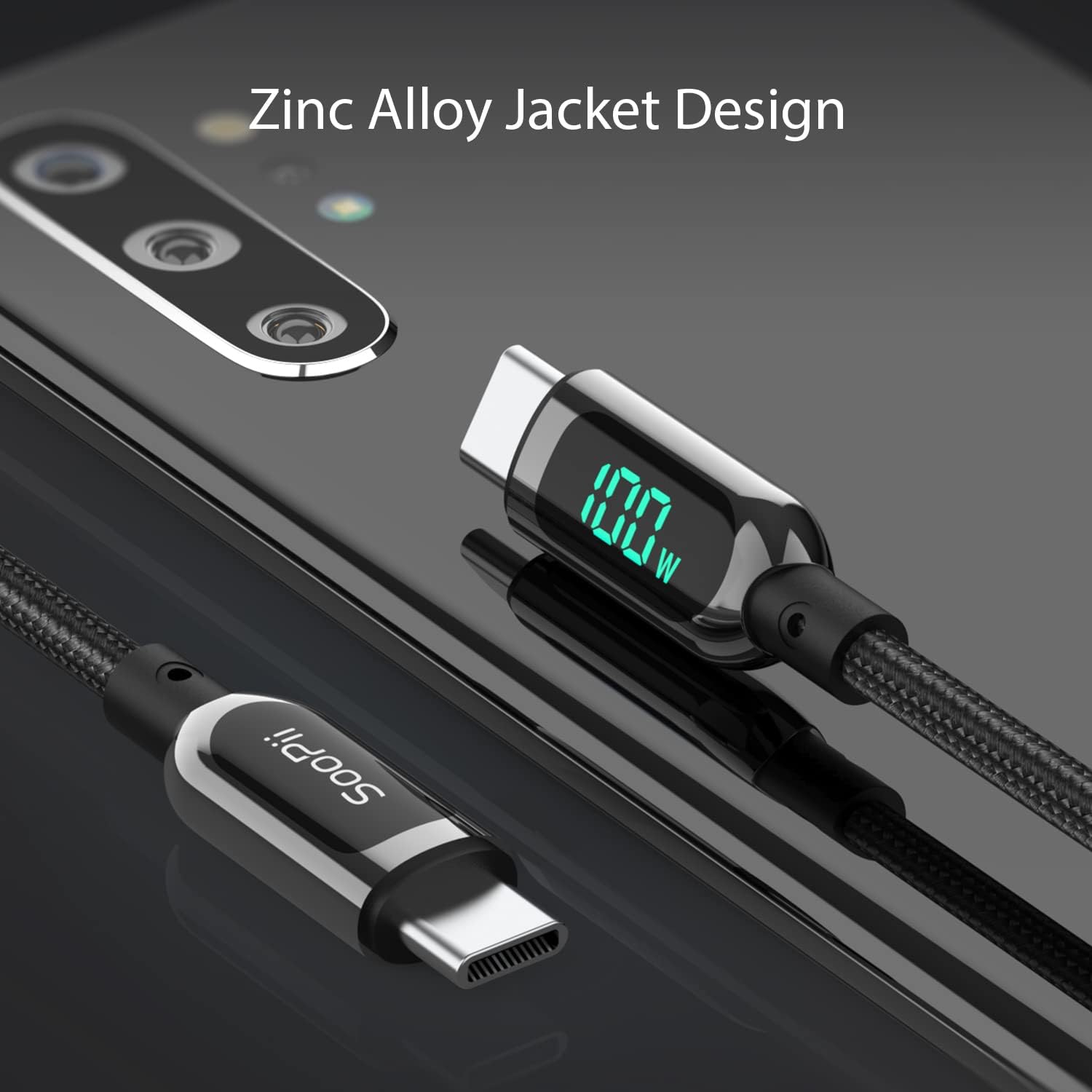 SOOPII 100W USB-C to USB-C Fast Charging Cable with LED Power Display ⚡ 3M Nylon Braided! - Zeta Store