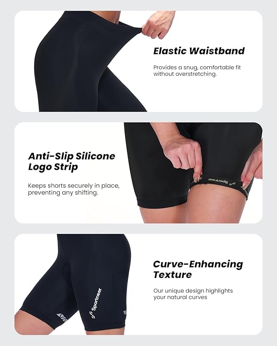 Sportneer Women's Cycling Shorts with 4D Padded Liner | High-Elastic Quick-Dry | V-Waist & Reflective Strips | Premium Bike Shorts for Indoor & Outdoor Riding
