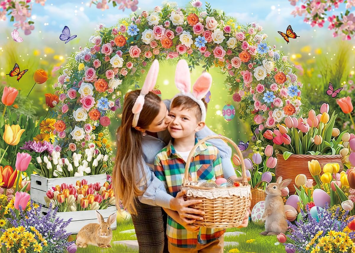 Deeying photography backdrop set featuring a colorful spring Easter garden with eggs, perfect for photo booths and festive occasions.