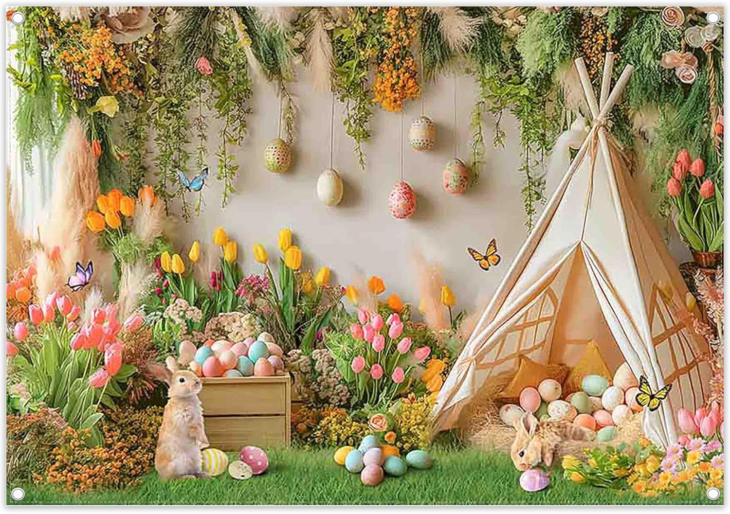 Deeying photography backdrop set with spring Easter tent design, perfect for Mother's Day and glitter party photo booths.