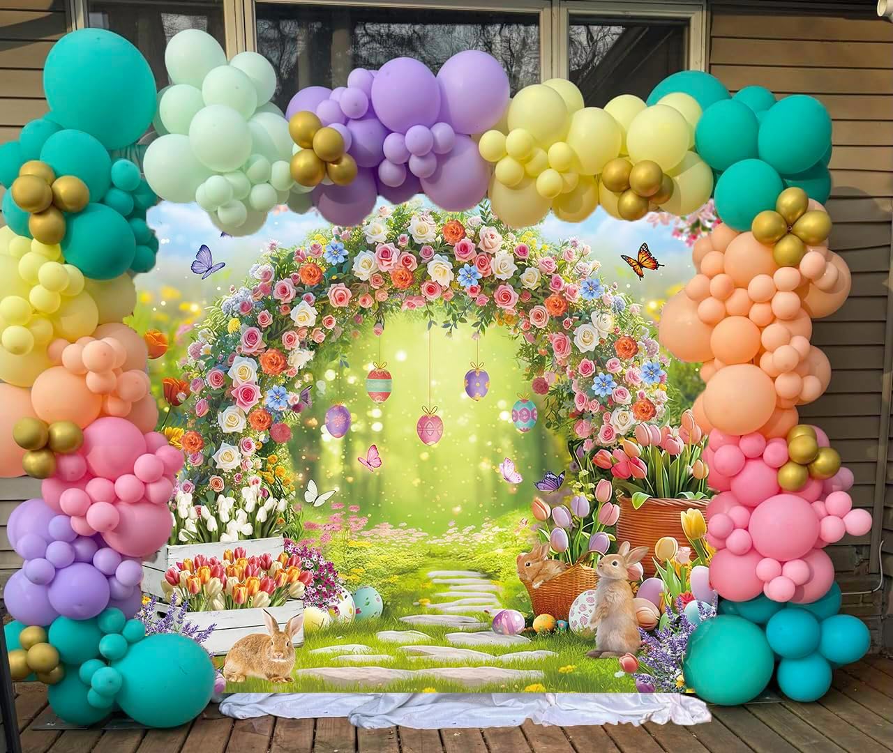 Deeying spring Easter backdrop featuring colorful eggs and enchanted garden scene for photo booths and celebrations.