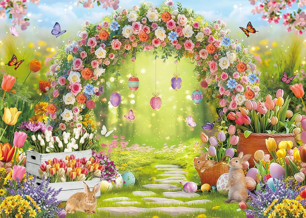 Deeying spring Easter photography backdrop featuring colorful eggs and enchanted garden scene for festive photo booth backgrounds.