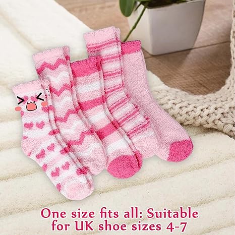 Srumvoat 5 pairs of fluffy women's bed socks in soft coral fleece, UK sizes 5-8, ideal for cozy winter warmth and Christmas gifts