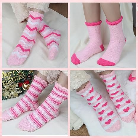 Srumvoat five pairs of fluffy women's coral fleece bed socks, soft and warm, UK size 5-8, cozy winter gift option