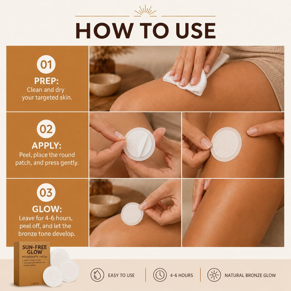 Sun-Free Glow Micro-Needle Self Tanning Patch - 21 Patches (3x 7) DHA & Erythrulose - Natural Bronze, No Sun, No Mess