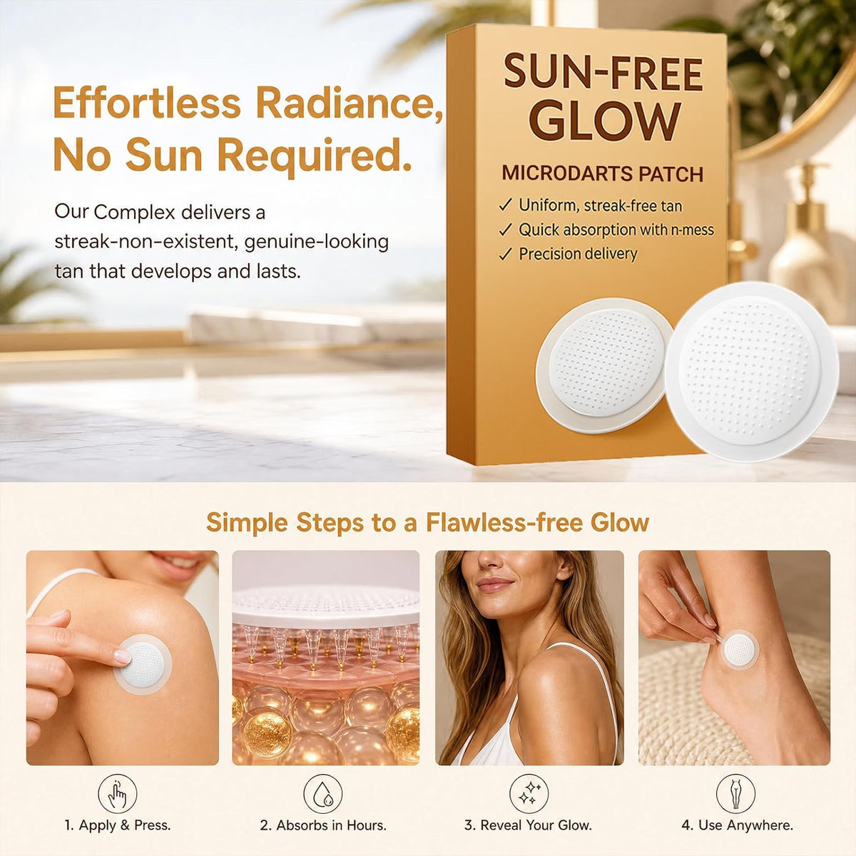 Sun Free Glow Patches with micro-needles for natural sunless bronze tan, suitable for all skin types, in a 3-box pack.