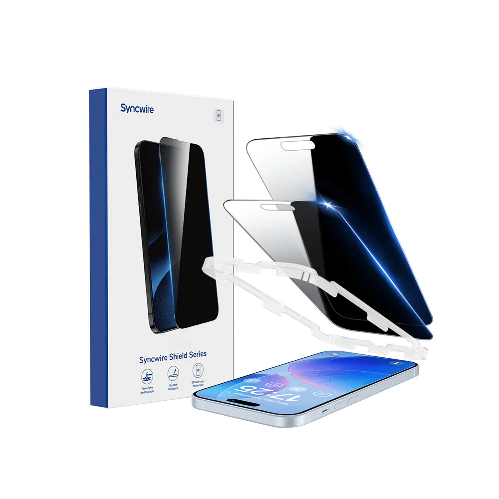 Syncwire 28° privacy screen protector for iPhone 15 Pro/Pro Max, 2-pack, 9H tempered glass, easy to install, case friendly.
