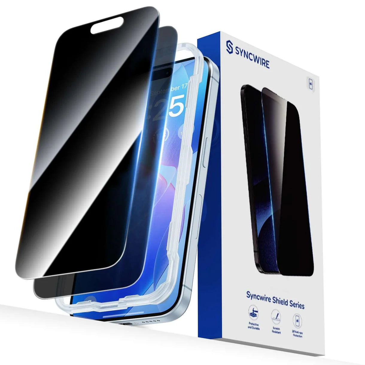 Syncwire 28° privacy screen protector for iPhone 15 Pro/Pro Max, 2-pack, 9H tempered glass with easy install and case-friendly design.