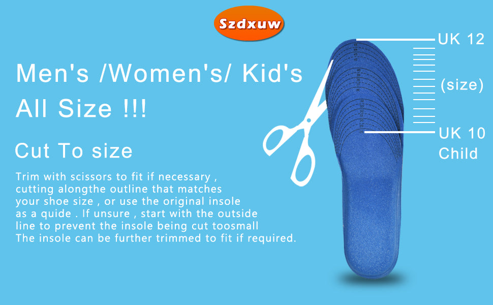 Szdxuw Memory Foam Insoles Size UK3 : UK8 - Super Soft Comfort Cushioning Inserts for Men Women Kids - Trim to Fit for Trainers, Sports Shoes, Walking Boots & Work Shoes