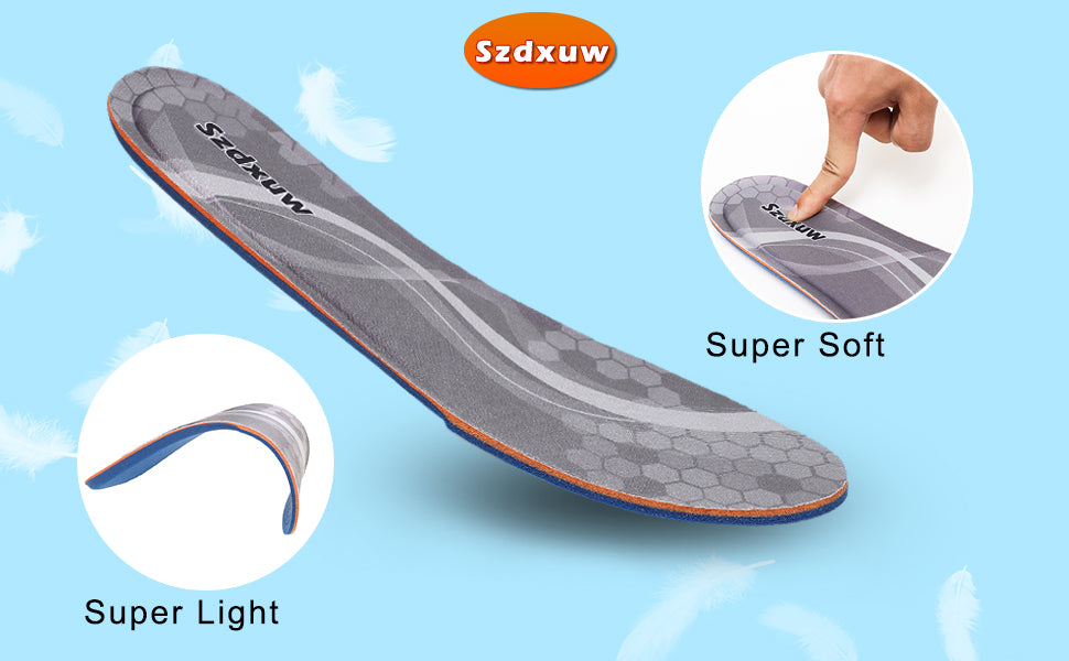 Szdxuw Memory Foam Insoles Size UK3 : UK8 - Super Soft Comfort Cushioning Inserts for Men Women Kids - Trim to Fit for Trainers, Sports Shoes, Walking Boots & Work Shoes
