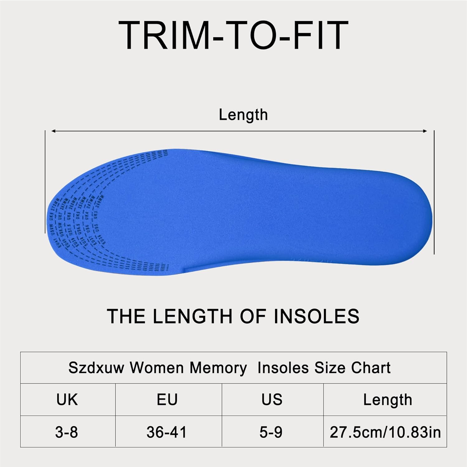 Szdxuw Memory Foam Insoles Size UK3 : UK8 - Super Soft Comfort Cushioning Inserts for Men Women Kids - Trim to Fit for Trainers, Sports Shoes, Walking Boots & Work Shoes