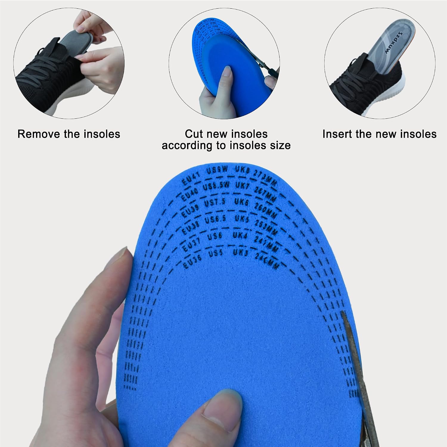 Szdxuw Memory Foam Insoles Size UK3 : UK8 - Super Soft Comfort Cushioning Inserts for Men Women Kids - Trim to Fit for Trainers, Sports Shoes, Walking Boots & Work Shoes