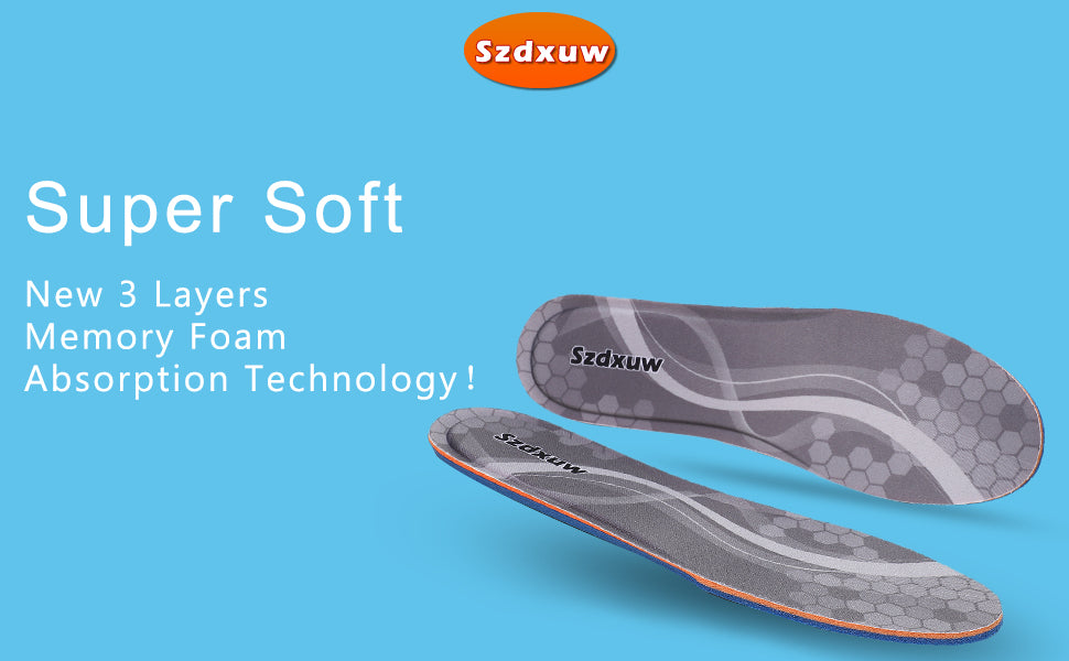 Szdxuw Memory Foam Insoles Size UK3 : UK8 - Super Soft Comfort Cushioning Inserts for Men Women Kids - Trim to Fit for Trainers, Sports Shoes, Walking Boots & Work Shoes