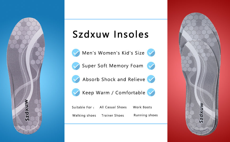 Szdxuw Memory Foam Insoles Size UK3 : UK8 - Super Soft Comfort Cushioning Inserts for Men Women Kids - Trim to Fit for Trainers, Sports Shoes, Walking Boots & Work Shoes